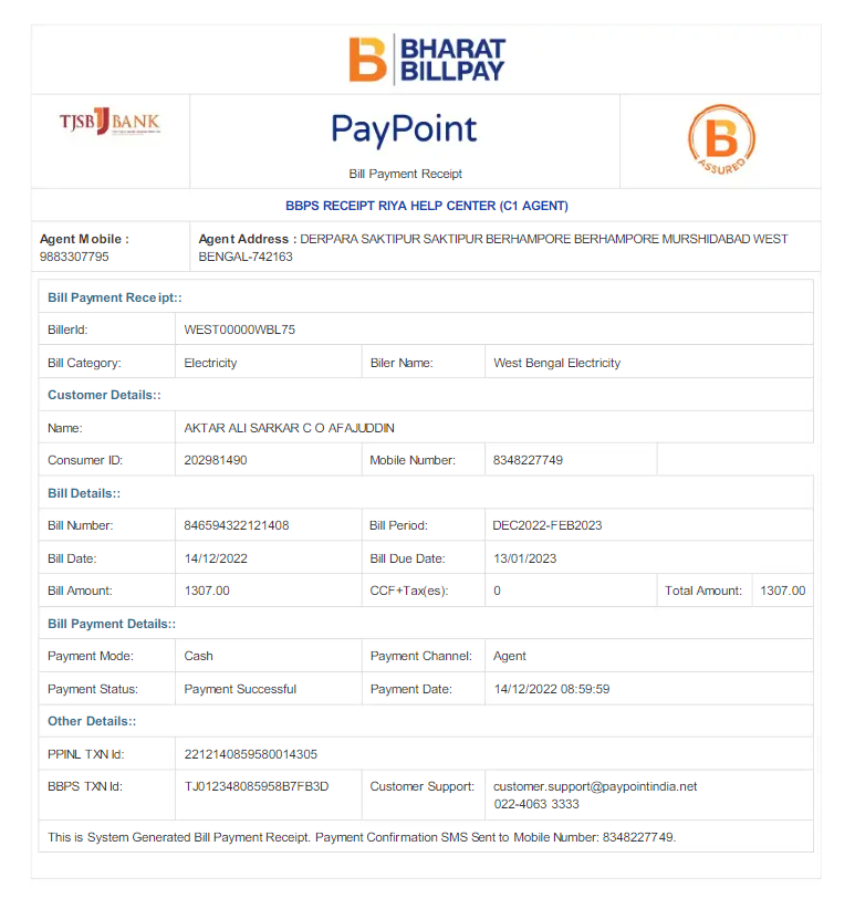 INDIA WEST BENGAL ELECTRICITY utility bill Word and PDF template